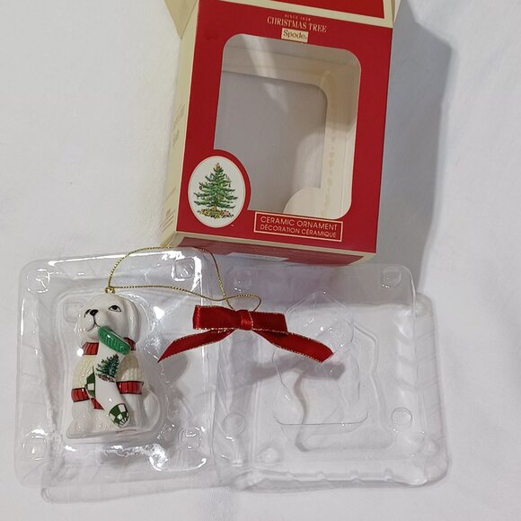 SPODE Christmas Tree Ceramic Ornament Puppy Dog With Stocking In Box - Picture 6 of 9